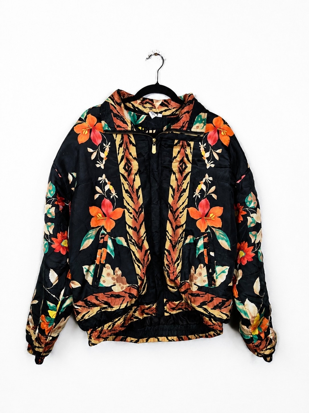 Vintage 90s Fuda International Silk Tiger Tropical Floral Bomber Jacket Women L